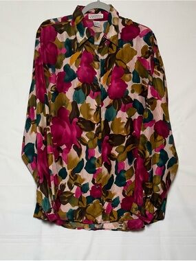 VTG Compagnie Internationale Express Floral Woman Button-Front Silk Top, Large